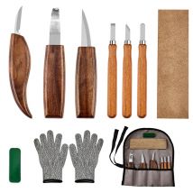 10-teiliges Holzschnitzwerkzeug-Set mit Detail, Holzschnitzmesser, Holzmeißel, Messer, Handschuhe, Schnitzmesser, Spitzer für Löffel, Schüssel, Tasse