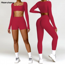 Hearuisavy 2PCS Set da palestra a maniche lunghe Donna Abbigliamento da yoga Abbigliamento sportivo ad asciugatura rapida Leggings da corsa Allenamento Sport Crop Top Donna