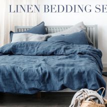 Pure Linen Duvet Cover and Pillowcases, Natural Flax French Bedding Set, Breathable Comforter Cover With Coconut Button Closure