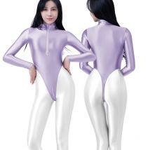 Sexy einteiliger Badeanzug Frauen glänzend dünn Langarm einfarbig glatt glänzend Spandex ultra hoch Bein Tanga Badeanzug Bodysuit