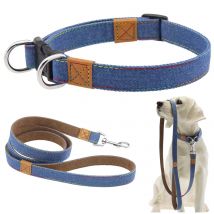 Adjustable Metal D-Ring Retro Denim Pet Leash And Collar Set Western Style Blue Brown Stripes Suitable for Small To Large Dogso