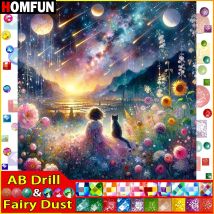 HOMFUN Fairy Dust AB Vollbohrer-Diamantgemälde „Mädchen Katze Meteor Mond“ DIY Bild von Strass 5D Diamant Stickerei Dekor