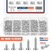 500 Stück Mini M2 selbstschneidende Schrauben Phillips Flachkopf legierter Stahl Sortiment Kit 5 Größen Kreuzantrieb Holzschrauben DIY Set