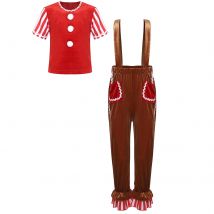 Christmas Gingerbread Man Costume Stripes Pompoms Gingerbread Elves T-shirt with Suspender Pants for New Year Halloween Dress Up