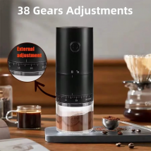 Neue tragbare elektrische Kaffeemühle mit Grat und 38 Gängen, verstellbare grobe, feine Kaffeemühle, abnehmbare Kammer für Zuhause und Reisen