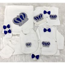 10-teiliges Baumwollgewebe-Set, gestrickt, neues Design, langärmelig, für Neugeborene, Kleidung, Geschenkset in Königsblau, mit Juwelenkrone