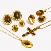 E.B.belle Stainless Steel Vintage Tiger Eye Series Jewelry Set Ring 18K Golded Plated Necklace Earring Women's Gift