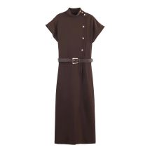 Women's 2025 Winter New European and American Fashion Stand up Collar Short Sleeve with Belt Midi Dress