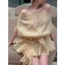 Frauen rückenfreies Spitzenkleid zweiteiliges Set sexy schulterfreies Blumenrüschenkleid + Shorts Anzüge Abendparty Cocktail-Sets
