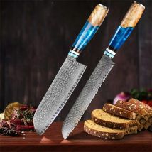 Set di coltelli da 2 pezzi Coltello da chef in acciaio di Damasco + Coltello da pane Coltello in acciaio di Damasco Manico in legno con nucleo in acciaio aggiornato Coltello Seiko