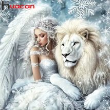 Huacan Girl Portrait Diamond Painting Lion Animal Diamond Mosaic New Collection 2025 Picture Of Rhinestones