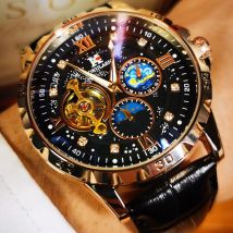 AOKULASIC Tourbillon Skeleton Mechanical Watches Starry Sky Moon Phase Dial Steel Leather Strap Luxury Brand Automatic Men Watch