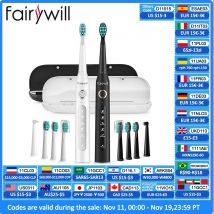 Fairywill-Juego de FW-D7 de cepillo de dientes eléctrico sónico para adulto, estuche de cepillos de dientes con carga USB, con cabezales, 5 modos de tiempo inteligente