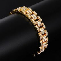 Wholesale Jewelry -- ( 21cm*15mm) Hip Hop Gold Color 15 mm Full Crystals Tank Watch Bracelets For Men Fashion Jewelry