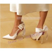 Weiße, schlanke Satin-Slingback-Sandalen mit spitzer Zehenpartie für Damen, feminine Schleifendetail-Stiletto-Schuhe, Bürodame, Hochzeit, elegante Party-Schuhe