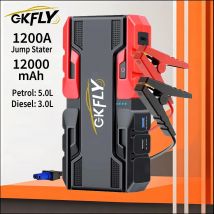 GKFLY 12V Avviatore di emergenza per auto 1200A Caricabatteria 12000mAh Accumulatori e caricabatterie di emergenza con illuminazione a LED Dispositivo di avviamento per auto
