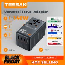 Adapter podróżny TESSAN 140W z uniwersalną wtyczką i ładowarką GaN, 1 gniazdo USB A, 3 gniazda Type C, szybkie ładowanie dla UE/UK/USA/AUS