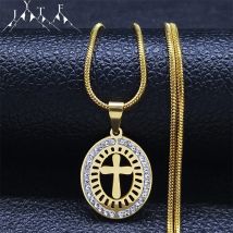 Kreuz Strass ovale Edelstahl Schlangen kette Halskette Frauen Gold Farbe katholische religiöse hohle Halsketten Schmuck n8060s05