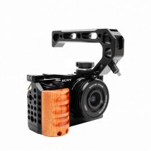 Kamerakäfig-Rig-Stabilisator für Sony a6000 / A6100 / 6300/6400 / DSLR-Halterung mit Holzgriff, Kaltschuh mit 1/4 3/8 Gewinde