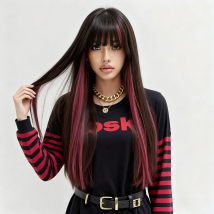 Allbell Magique Fashion Long Straight Synthetic Wig with Bangs for Women Magic Black with Pink Highlights Cosplay Halloween