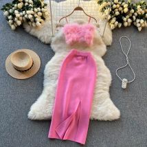 2026 New Pink Women Knit Two Piece Sets Camis Sexy Short Top+ Elastic Waist Knit Split Long SKirt  Fashion Solid Women Suits