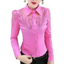 Herbst Neue Lange-sleeve Büro dame Tops Patchwork Frauen kleidung Mode Diamant Spitze stickerei bluse