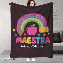 Benutzerdefinierte Namensdecke mit Apfel- und Regenbogenmustern, weich und warm, für alle Jahreszeiten, das beste Geschenk für Lehrer und Kinder