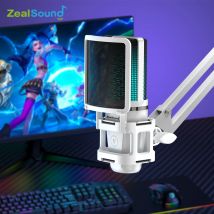 Microfono da gioco USB Zealsound RGB con braccio articolato, microfono a condensatore per computer bianco per PC Mac Registrazione Podcasting Streaming