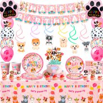 Decorazioni di compleanno per cuccioli, decorazioni da 99 pezzi e set di stoviglie per cani rosa - piatti, tazze, tovaglioli e banner di compleanno, palloncini, cupcake, ecc.