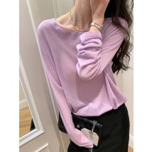 Sommer-Damen-Langarm-Strick-T-Shirt, ultradünn, Sonnenschutz, mikrotransparent, Rundhals-Top, 100 % Lyocell-gestreifter Pullover