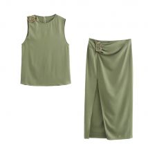 Zach Ailsa Herbst Neue frauen Mode Schnalle Dekoration Hängen Rundhals Top Hohe Taille Abnehmen Baumwolle Käfig Halb Rock Set