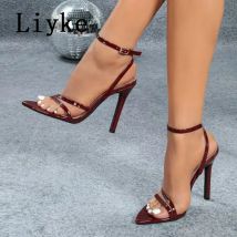 Liyke Weinrot Patent Leder Schmale Band Frauen Sandalen Mode Offene spitze Schnalle Gladiator High Heels Hochzeit Bankett Schuhe