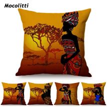 Africa Abstract Painting Art Sofa Cushion Cover Africa Sunset View Woman Exotic Life Decoration Cotton Linen Throw Pillow Case