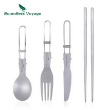 Boundless Voyage Titanium Utility-Besteckset, 3/4-teiliges Messer, Löffel, Gabel, Essstäbchen, tragbares Klappsergeschirr für Zuhause