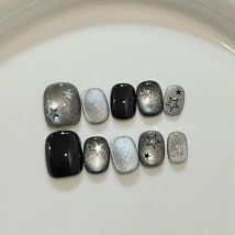 10 Stück schwarze handgemachte Nägel zum Aufdrücken, glitzerndes Katzenauge mit Stern-Design, kurze, vollständige Abdeckung, Acryl-Kunstnägel, Tipps für Frauen und Mädchen