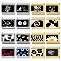 Black Series NO.8 Ball Eyes Flower Cat Golden Italian Links Charm Fit 9mm Stainless Steel Modular Bracelet Jewelry Making Gifts