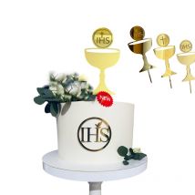 Nuovo Topper per Torta di Compleanno Gesù del Santo Graal, Decorazione in Acrilico Dorato con Colomba e Croce per Eucaristia, Battesimo, Festa, Bandierina per Torta