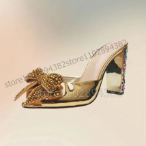 Gold Kristall Bogen Knoten Lack leder Peep Toe Hausschuhe Slip auf Frauen Schuhe seltsamen Stil Absätze Mode Zapatos Para Mujere