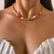Salircon Barock Nachahmung Perlen Nette Blume Bunte Handgewebte Perlen Kurze Schlüsselbein Kette Choker Halskette Frauen Mädchen Schmuck