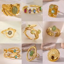 Anelli aperti in acciaio inossidabile con pietra verde vintage per le donne Moda color oro fiore zircone anello gioielli anelli estetici regalo