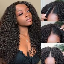 Parrucche per capelli umani al 100% con parte a V riccia crespa a 250 densità per le donne, senza lasciare fuori, facile miscelazione, parte sottile in pizzo, parte a V, parrucca da 30 pollici in