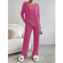 Herbst Neue frauen Mode Lässig Gerade Bein Hosen Mit Lose V-ausschnitt Und Pit Streifen Gestrickte Lange Ärmeln Hosen Zwei-stück Set