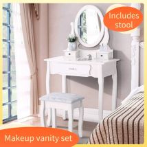 Creahappy Makeup Vanity, Make-up-Waschtischset mit Schubladen, Spiegel und Hocker, weißer Schlafzimmer-Make-up-Waschtisch