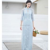 2026 Vietnam Aodai Feenkleid mit chinesischem, exquisitem Blumendruck, Tee-Kunst-Vestido, ausgehöhltes, schmales Aodai-Kleid mit Schlitz