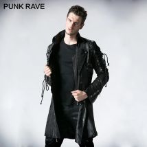 PUNK RAVE Punk Militär Herbst Winter Jacke Western PU Leder Schlitz Unisex Gothic Retro Stil Faux Männer Lange Mäntel