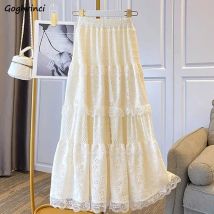 Spitze Röcke Frauen Französisch Stil Ankle-länge Hohe Elastische Taille Aushöhlen Patchwork Neue Lose Dünne Koreanische A-line Süße fit