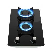 Piano cottura a gas in vetro da 30 cm 2400 W/1800 W Doppio gas (naturale/propano) Auto Fiamma di sicurezza 2 lampadine LED integrate o indipendente 220-240 V CE