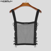 INCERUN Männer Tank Tops Mesh Patchwork Kordelzug Sexy Aushöhlen Sehen Durch Männliche Westen Sommer Streetwear Fashion Crop Tops S-5XL