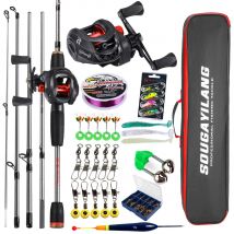 Sougayilang Baitcasting-Angelrute und Rolle, komplettes Kit, 5-teilige Angelrute und Aluminium-Spulenrolle für Süßwasser-Barsch-Angelset
