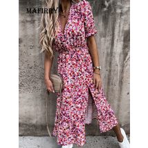 Sommer Neue Blumenmuster Slim Fit Kleid Casual Kurzarm Hohe Taille Kleid Weibliche Sexy V-ausschnitt Im Freien Bunte Kleid Vestidos